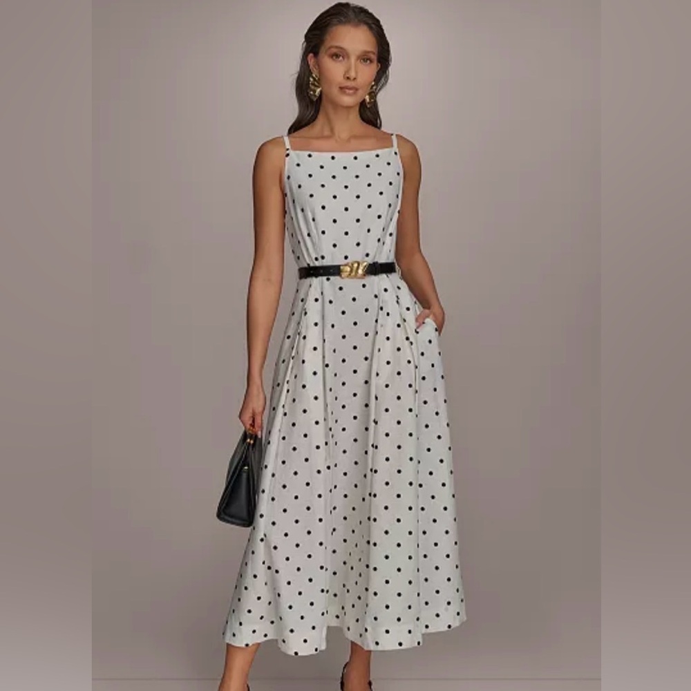 Donna Karan New York a Elegant Polka Dot Dress with belt and pockets BRAND NEW